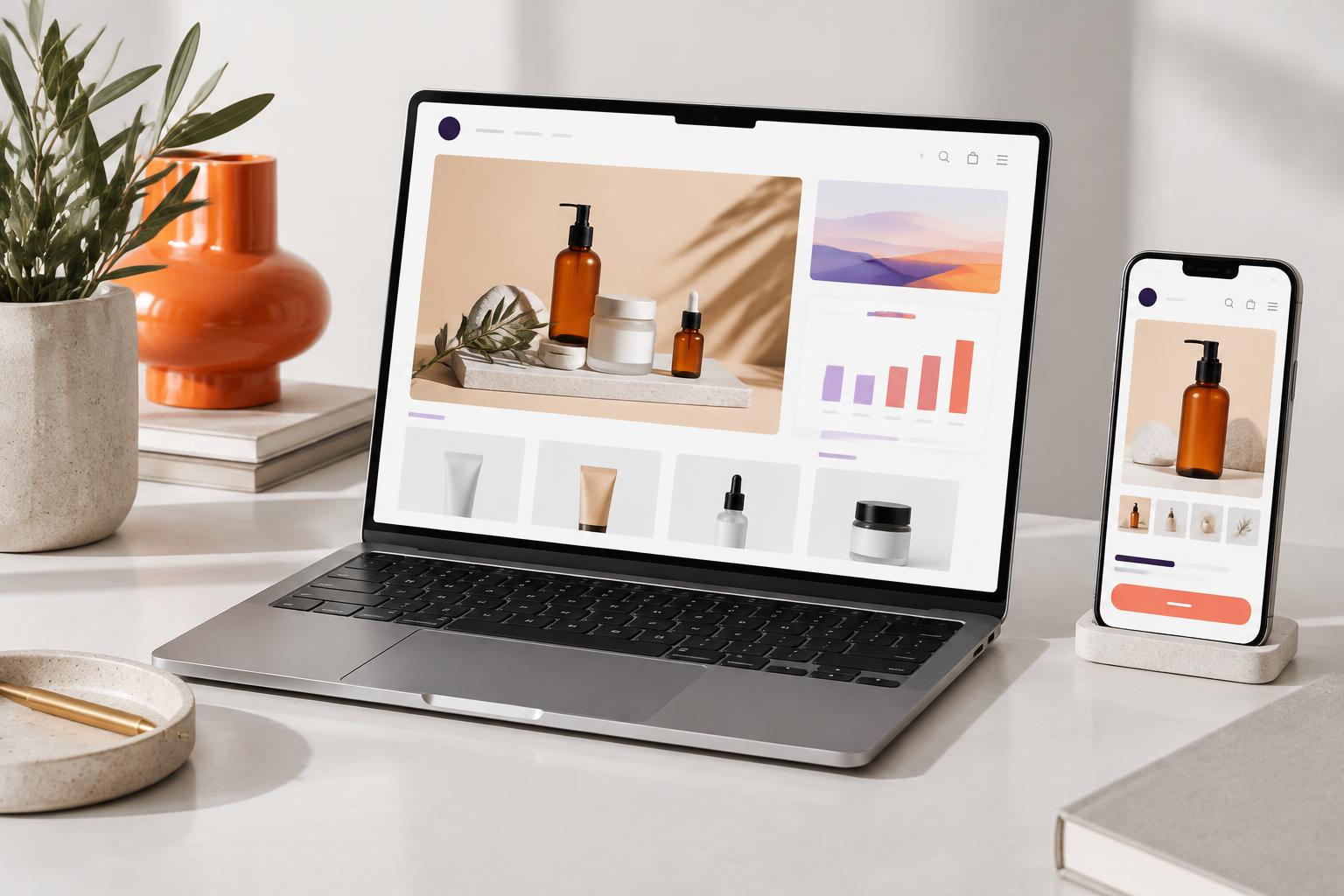 Laptop and phone showing an illustrative e-commerce storefront and analytics